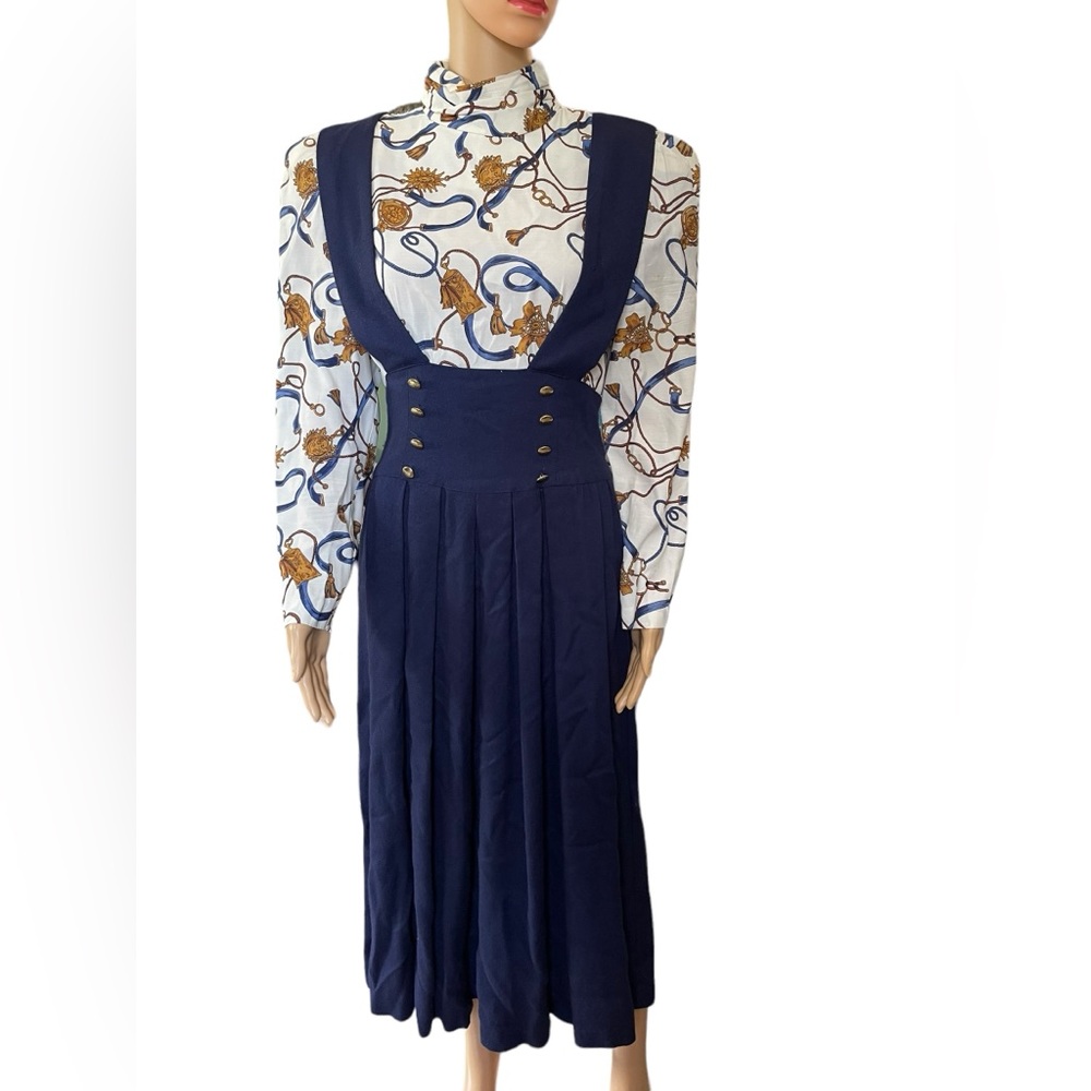 Patty O’Neil Vintage 80s Western Preppy Equestrian Mock Neck Pinafore Midi Dress